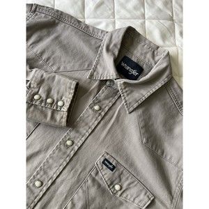 Vtg WRANGLER Western Pearl Snap Shirt Mens size L Brushpopper Heavy Canvas Gray
